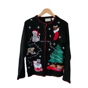 Christmas‎ Sweater Cats Lights Up Size Small Cardigan Button Up